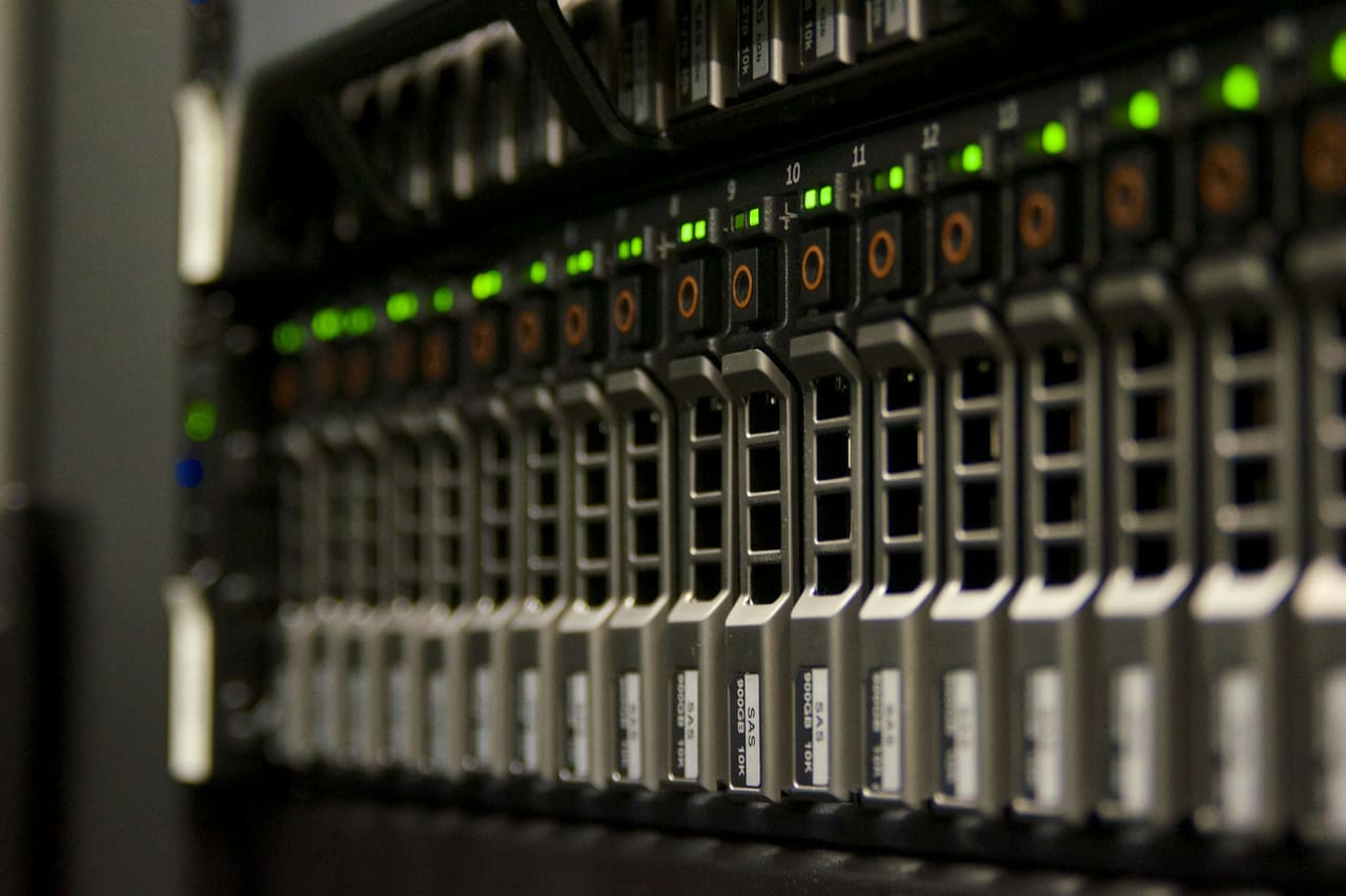 A row of server drive bays with small green indicator lights